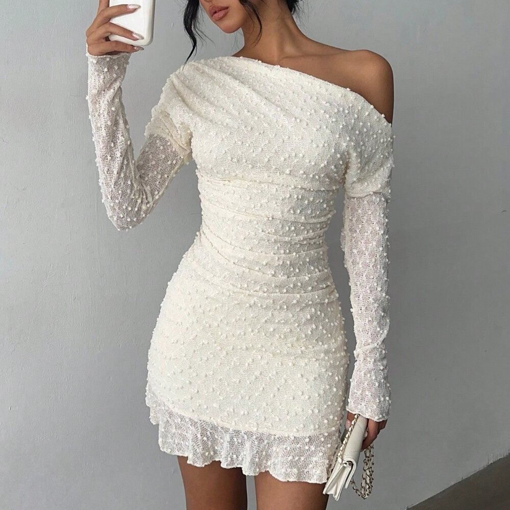 Apricot Elegant Women's Sexy Shoulder Long Sleeve Mini Bodycon Dress - Picture 2 of 7